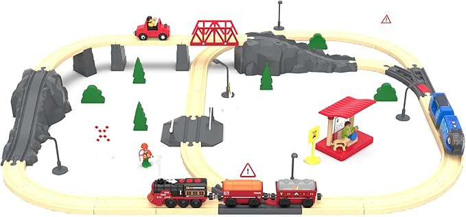 Toy Train Electric Train Set for Wooden Tracks, Christmas Motorized Train Toys for Toddlers, Battery Operated Train Includes Lights, Sounds, Smoke, Steam Train Compatible with Thomas, Brio