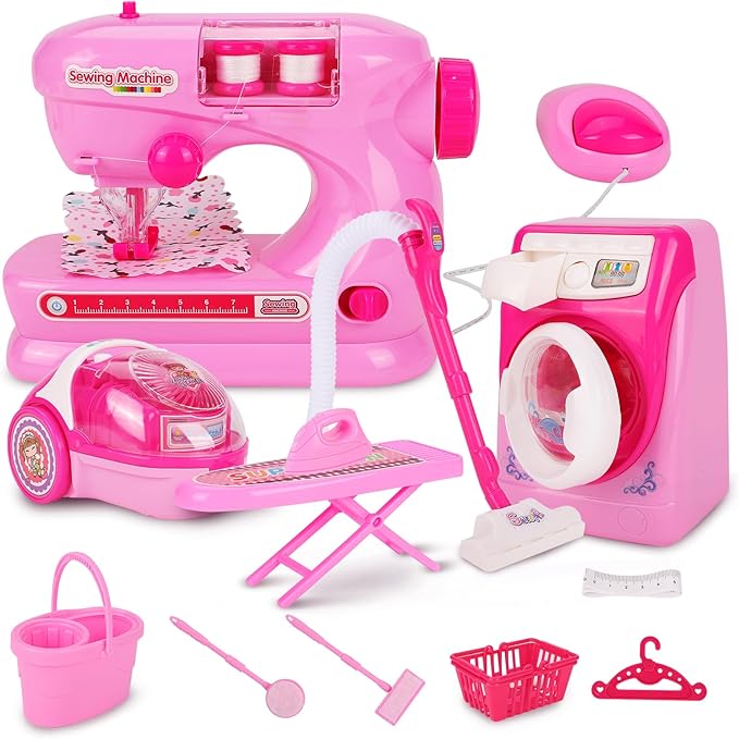 Coherny Sewing Kit for Kids Pretend Play Toys with Toy Washing Machine & Vacuum Kids Washer and Dryer Playset with Mini Sewing Machine for Dollhouse Furniture Toddles Boys Girls Cleaning Gifts