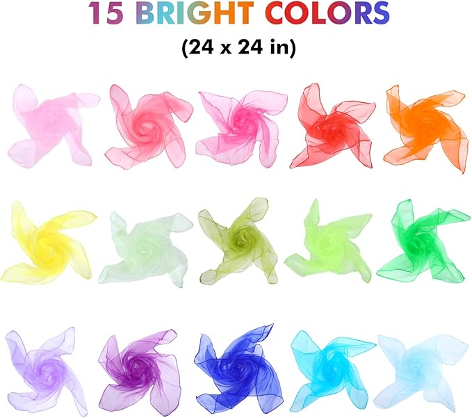 Colovis 60 Pack Dance Scarves,15 Colors Square Juggling Scarf Props Magic Trick Silk Scarves Music Movement Scarf for Kids to Play with, 24 by 24 Inches