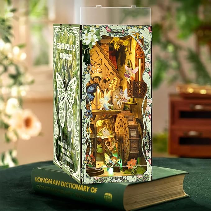 ISSEVE Book Nook Kit, DIY 3D Wooden Puzzle Dollhouse Booknook for Adults, Tiny Miniature House Kit Bookshelf Decor with LED Light and Dust Cover, Gifts for Family and Friends (Forest Secret World)