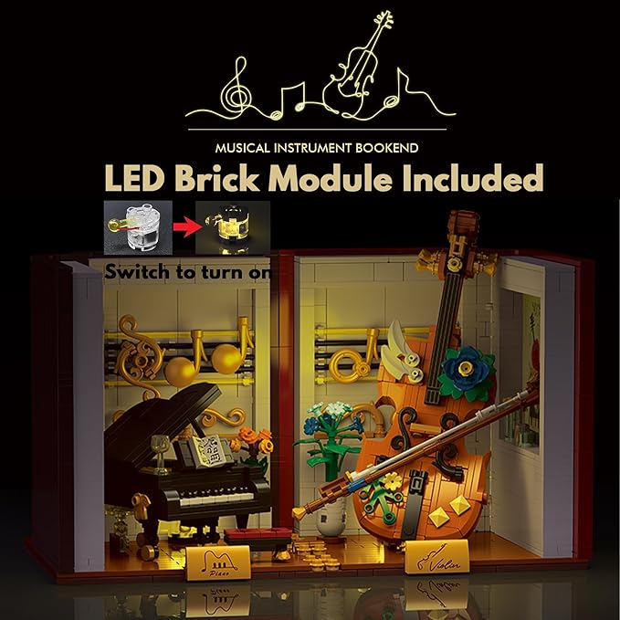 3 in 1 Music Themed Bookend Building Block Toy Set with LED Bricks, Creative Piano and Violin Building Bookstand Model, Home Décor Gift Ideas for Children and Adults (1520 pcs)