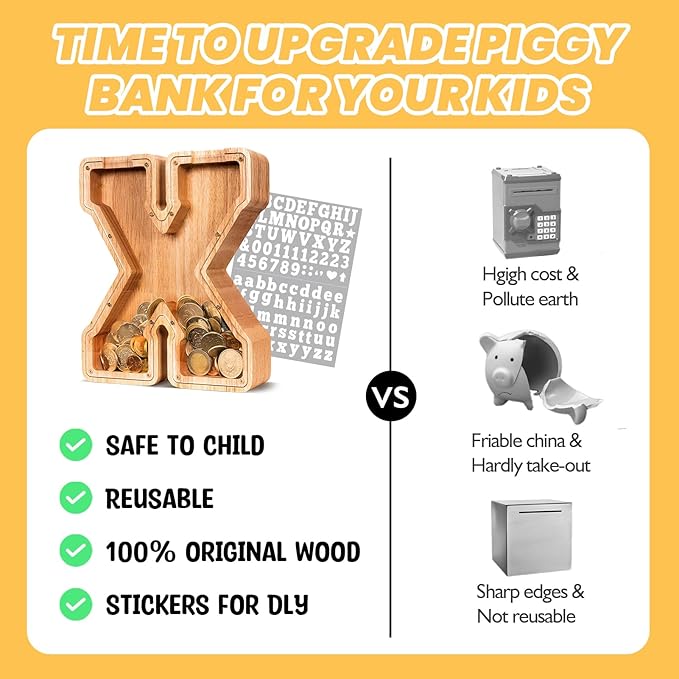 KMC Wooden Letter Piggy Bank, Personalized Initial Piggy Bank for Kids Boys, Clear Alphabet X Wood Money Box, Unbreakable Coin Saving Jar, Birthday, for Children
