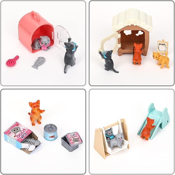 TQQFUN 43-Piece Cat Figurine Playset - Realistic Pet Care Center Role Play Toys for Kids, Toddlers, Boys and Girls