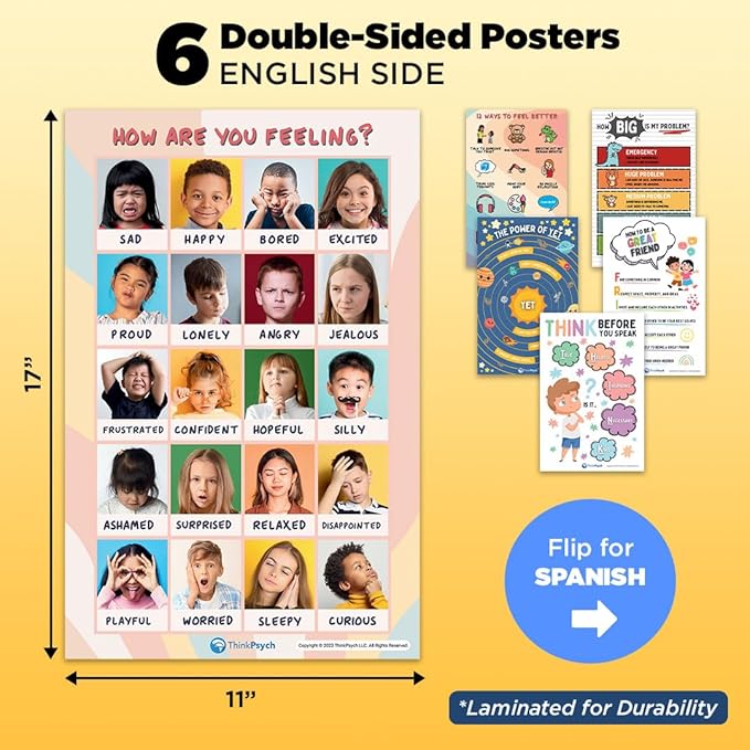 6 Laminated Feelings Posters for Kids - English & Spanish - Calm Down Corner Supplies - Therapy & School Counselor Supplies - Emotions Posters for Home and Calming Corner Classroom