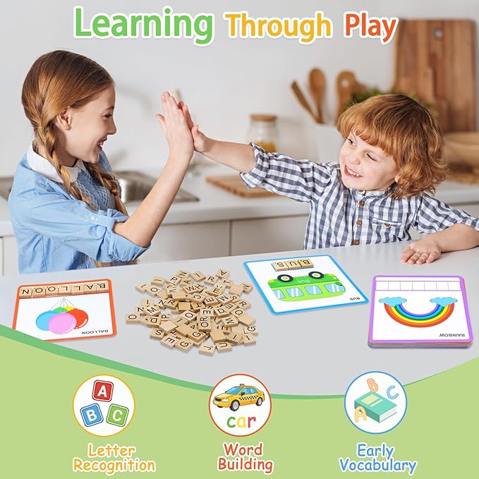 Spelling Games with 30 Double-Sided Flash Cards, 100Pcs Wooden Letters Sight Words Matching Game, Alphabet ABC Learning Educational Toys for Kids Ages 3-8