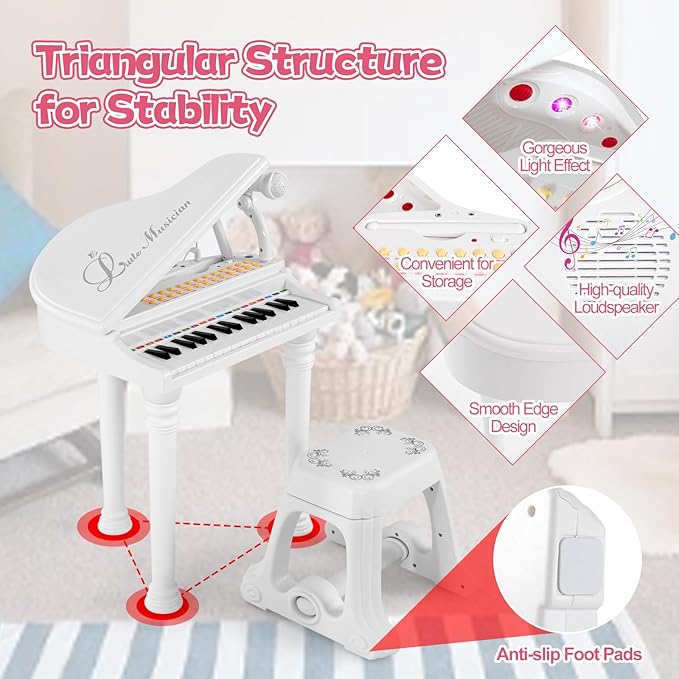 HONEY JOY Classical Kids Piano, 31-Key Toy Mini Grand Piano with Music Stand & Stool, Portable Electronic Educational Musical Instrument Toy w/ Microphone, Lights, Gift for Kids (White, 31 Keys)