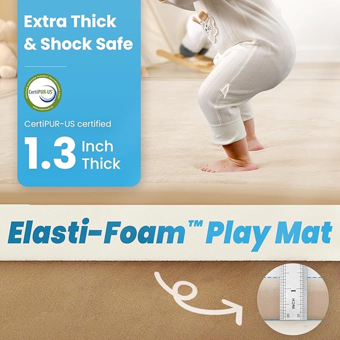 1.3" Thick Baby Play Mat for Floor, 28x72 Foam Tummy Time Mat, Padded Support Soft Plush Bedside Rugs for Infant Kids Toddler Crawling Kick Activity (Beige)