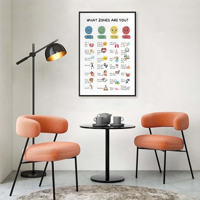CEHNSENHUI Zones Of Regulation Wall Art Management Emotions Chart Self Regulation Feelings poster Calm Down Corner Classroom Decorations for Kids Room Classroom Wall Decor 20x30in BlackFramed