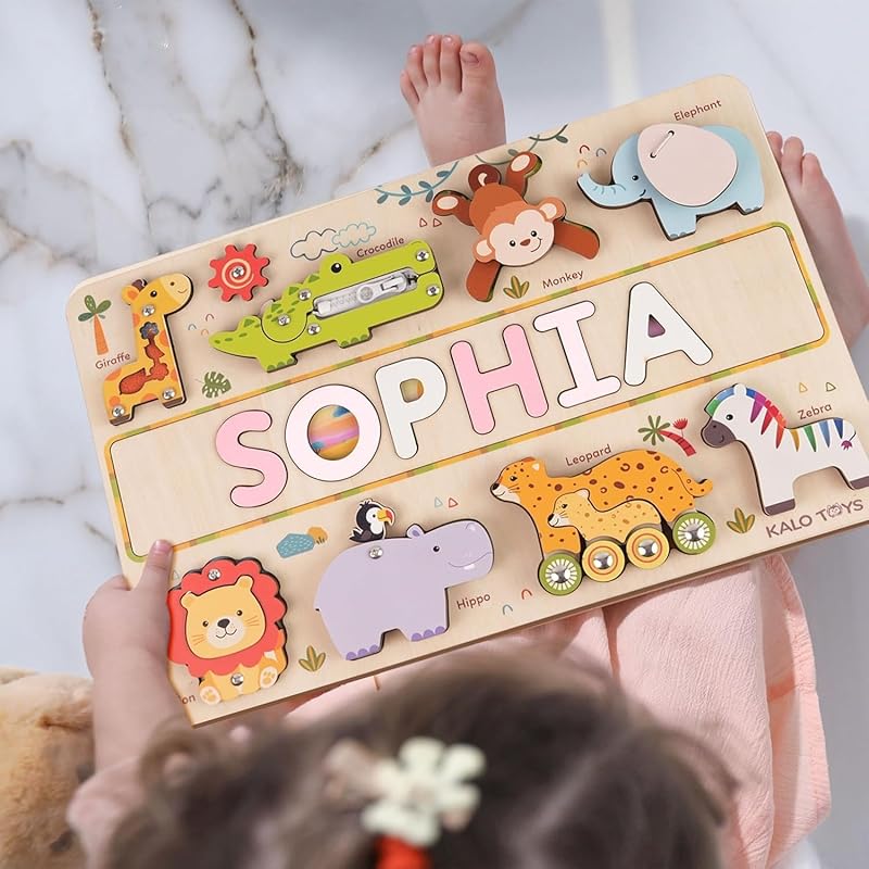 Personalized Wooden Name Puzzle for Toddlers 1-3 - Montessori Wooden Safari Sensory Toy with Jungle Animals, Custom Educational Learning Toys, Perfect Birthday Gift for Boys & Girls