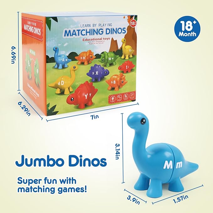 Alphabet Dinosaurs Matching Letters Toy, 26 PCS Double-Sided ABC Dinosaur with Uppercase Lowercase, Match and Snap Fine Motor Game Preschool Learning Toys Gifts for Kids Back to School Goodies