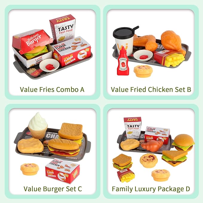 Pretend Play Food Toy for Kids Kitchen with Cash Register, Coffee Maker, 71 Pcs Fast Food Set with Burger, Fries, Ice Cream, Play Money, Educational Birthday Gift for Boys Girls Ages 3-8 (Green)