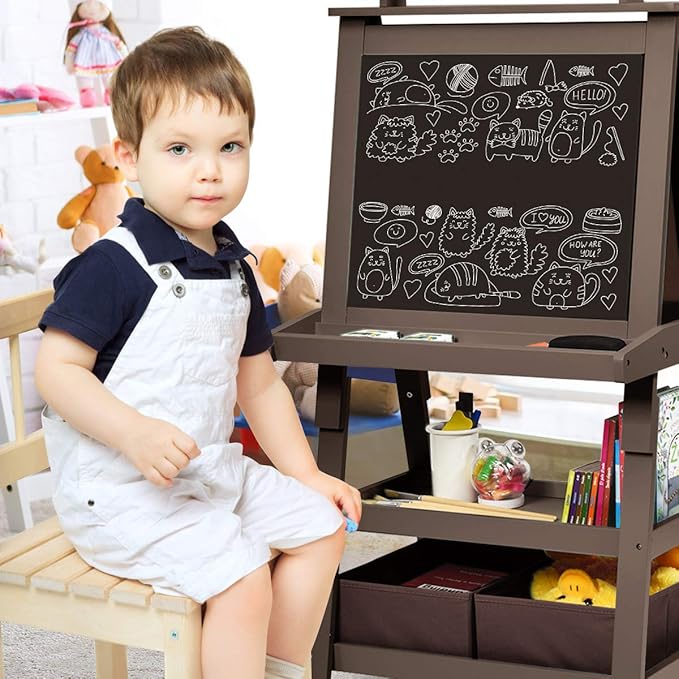 Costzon Kids Art Easel, 3 in 1 Double-Sided Wooden Easel w/Magnetic Whiteboard, Chalkboard & Paper Roll, 2-Tier Rack w/ 2 Storage Boxes, Standing Easel for Kids, Toddlers, Boys, Girls (Coffee)