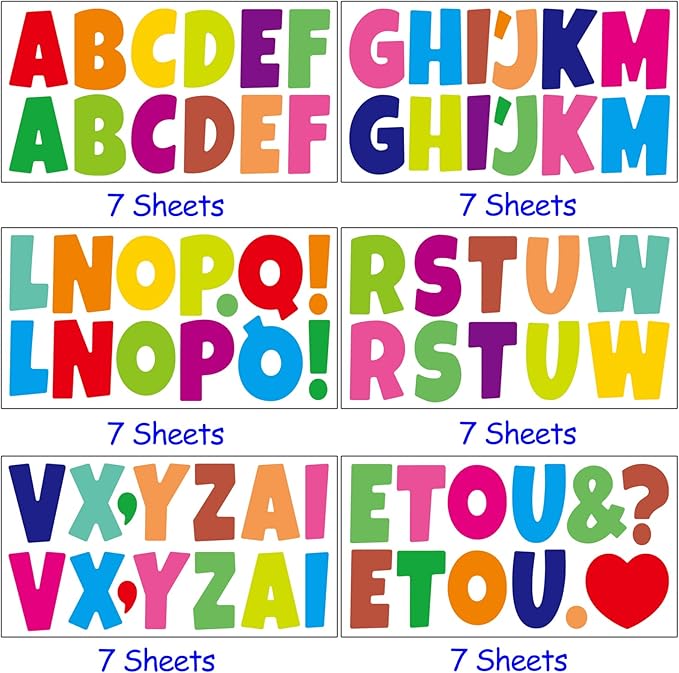 Bemeol 42 Sheets 504 Pieces Letter Stickers Bulletin Board Letters 2.5 Inch Self Adhesive Alphabet Sticker Letters for Poster Board Classroom Crafts Home Decor(Colorful)