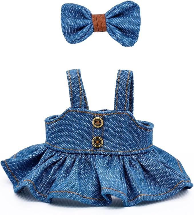 Clothes for 17cm Dolls Cute Style Outfit 2 Piece Set Including a Denim Bow and Denim Dress - Premium Handmade Dolls Skirt Accessories - No Doll (Blue)