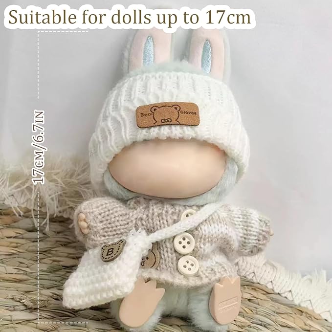 Clothes for 17cm Dolls Accessories Crochet 3 Piece Set Outfits for Doll(Beige Sweater)