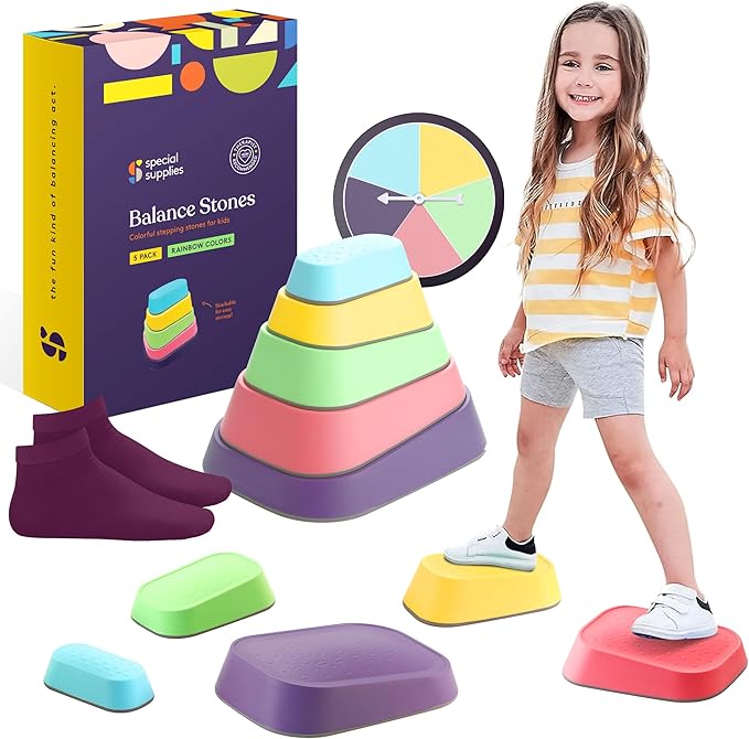 Special Supplies Set of 5 Stepping Stones for Kids Indoor and Outdoor Balance Blocks Promote Coordination, Balance Strength Child Safe Rubber, Non-Slip Edging (Rainbow)