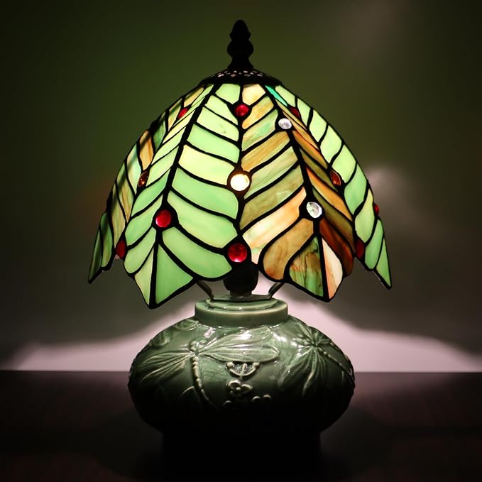 Small Tiffany Lamp Mushroom Table Lamp, Mini Stained Glass Desk Light Memory Sympathy Ceramic lamp 8X11 Inch (Brown Green Leaf)