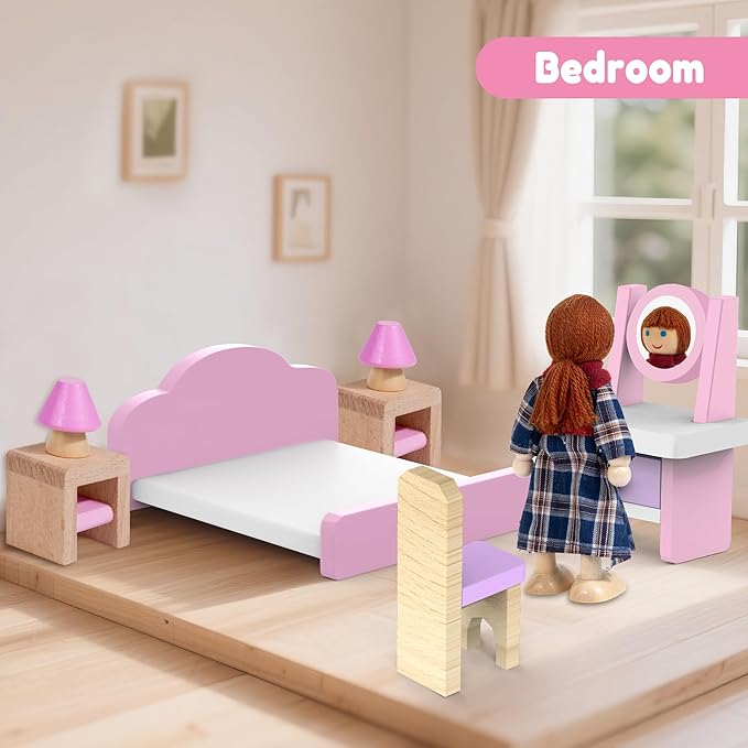 26pcs Wooden Dollhouse Furniture Set with 4 Family Dolls, Pink Dollhouse Accessories for 4 Rooms, Pretend Play Furniture Toy, Birthday Gift for Girls Boys Age 3 4 5 6 Years Old