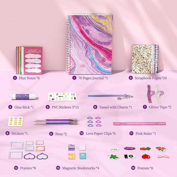 PERRYHOME DIY Journal Kit for Girls Ages 8-14, DIY Girl Journal Set for Teenage Girls Scrapbook & Diary Kits, Journaling Art Crafts Kit Teen 8 9 10 11 12 13 14 Year Old Girl Birthday Gifts - Purple