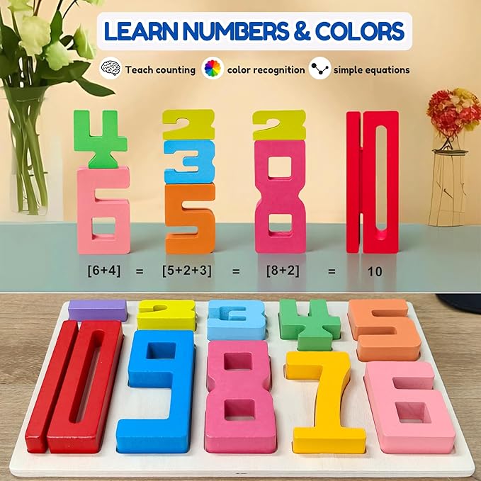 10Pcs Wooden Number Building Blocks, Montessori Number Blocks Math Learning Digital Building Blocks Digital Educational Counting Learning Toys for Parent-Child Interaction Skills Stocking Stuffers