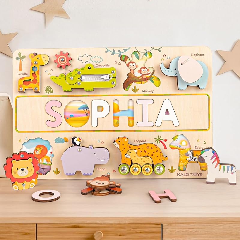 Personalized Wooden Name Puzzle for Toddlers 1-3 - Montessori Wooden Safari Sensory Toy with Jungle Animals, Custom Educational Learning Toys, Perfect Birthday Gift for Boys & Girls