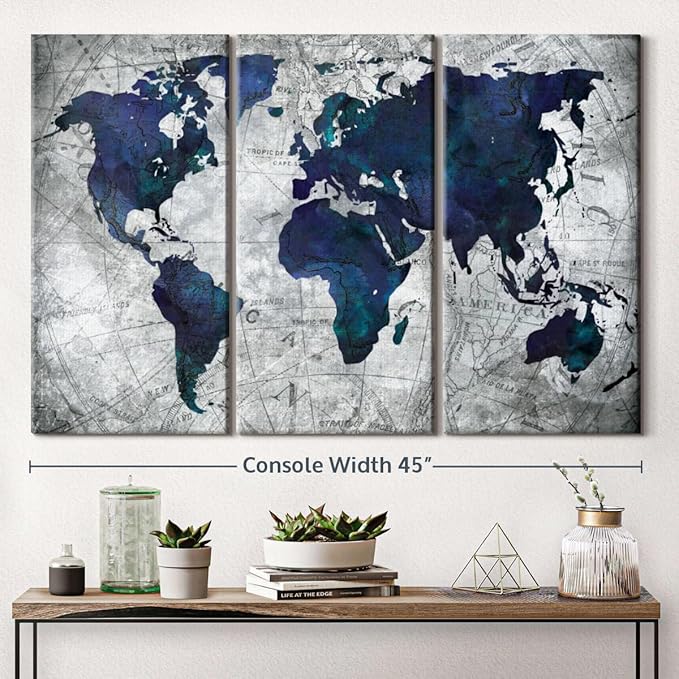 ElephantStock Deep Blue World Map Multi Piece Canvas - 3 Panel Wall Decor - Map of the World Art - Canvas for the Office and Home - 45" X 28"