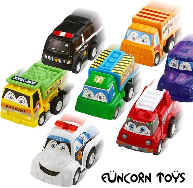 Funcorn Toys Pull Back Car, 12 Pack Assorted Mini Plastic Vehicle Set, Pull Back Truck and Car Toys for Boys Kids Toddler Party Favors,Die Cast Car Toy Play Set