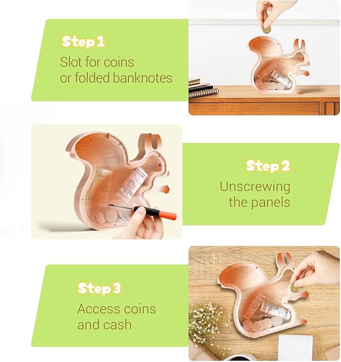 Wooden Squirrel Piggy Banks for Boys, Cute Unbreakable Money Coin Bank Jar, Safe Money Box, Transparent Saving Jar, Birthday Anniversary Baptism Gifts for Boys Toddler Squirrel Lovers