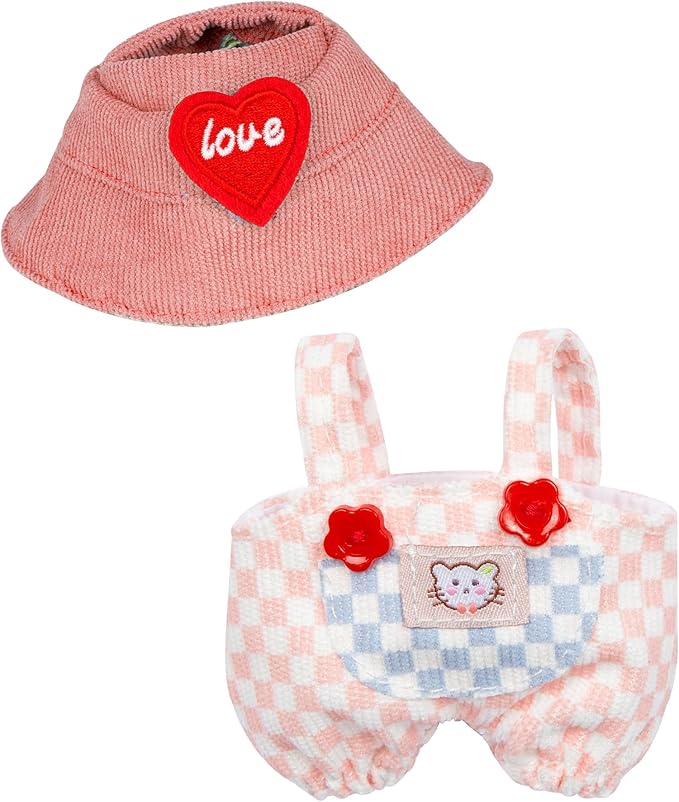 17cm Doll Clothes for Labubu - Kawaii Chic Style Set for 17cm Dolls, Cute Doll Outfit with Accessories - Pink and White Check Romper + Heart Shaped Pink Hat (Clothes Only)