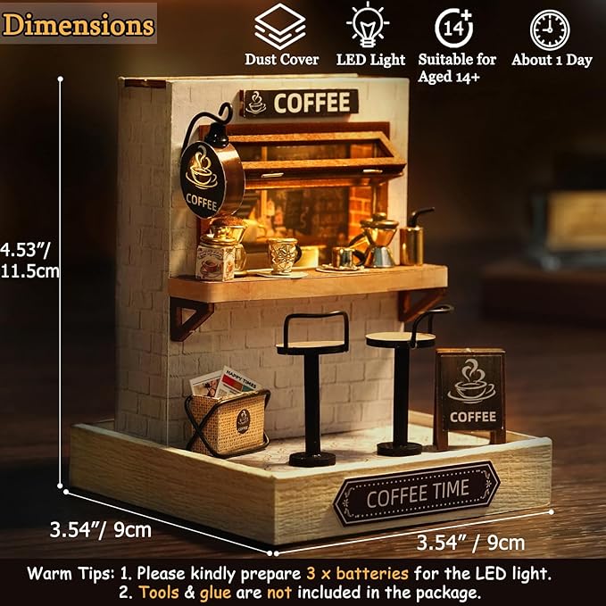 TuKIIE DIY Miniature Dollhouse Kit with Furniture, 1:24 Scale Creative Room Mini Wooden Doll House Plus Dust Proof for Kids Teens Adults(Coffee Time)