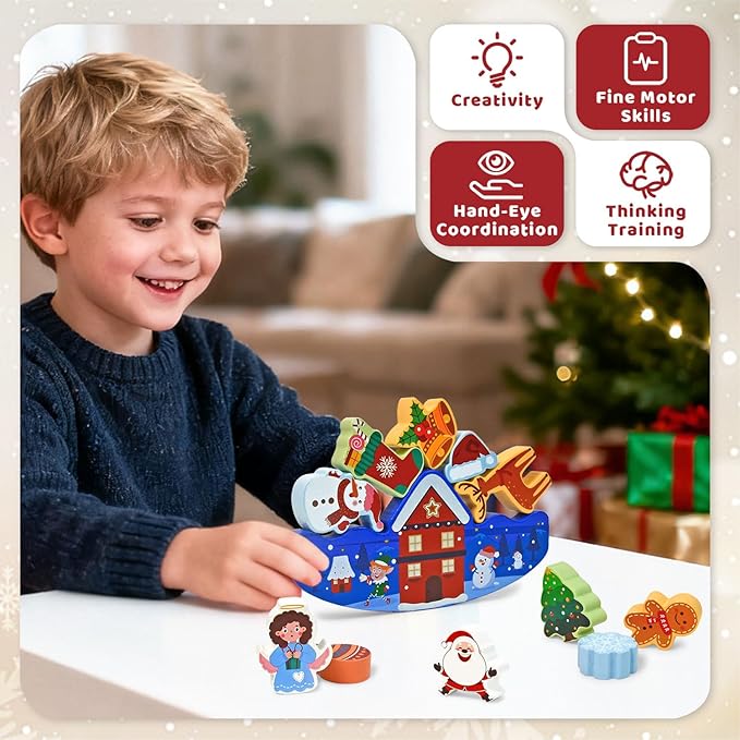 Vileafy Christmas Toys for Toddlers and Kids Gifts, Xmas Wooden Stacking Toys -12 Play Figure Playsets -Santa Claus, Snowman, Reindeer & Gingerbread Man for Stocking Stuffers