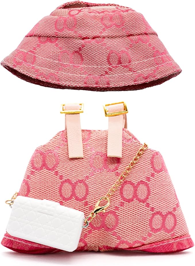 Clothes Compatible with Labubu 17cm, Premium Handmade Dolls Accessories with Chic Grid Hat & Rompers & Bag 3 Piece Set, High-End Fashion Outfit for Play & Display, No Doll - Pink