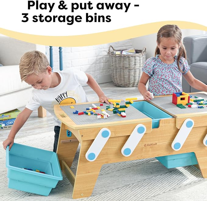 KidKraft Building Bricks Play N Store Wooden Table, Children's Toy Storage with Bins, 200+ Building Blocks Included, Natural, Gift for Ages 3+