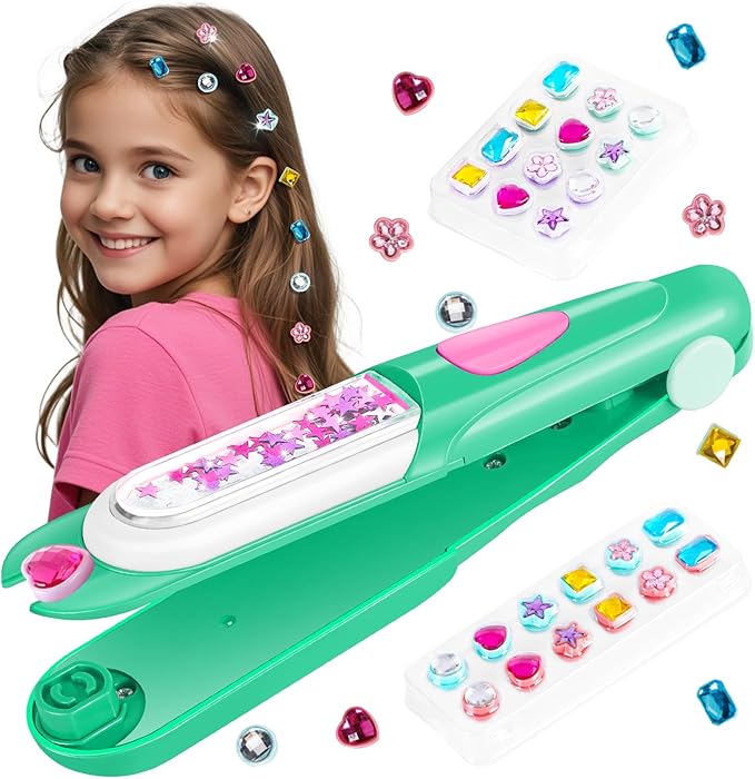 Hair Gem Stamper Kit, Bling Hair Jewels for Girls Toys, Hair Styling Tool with Reusable Shining Diamonds, Birthday Gifts Toys for Girls Ages 3 4 5 6 8-12 (Green)