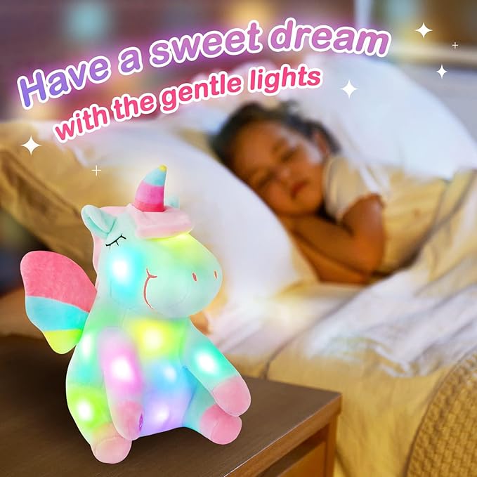 Athoinsu Light up Green Unicorn Stuffed Animal Soft Plush Toy with LED Colorful Night Lights Glowing Children's Day Birthday Valentine's Day for Toddler Kids Girls Women, 12''