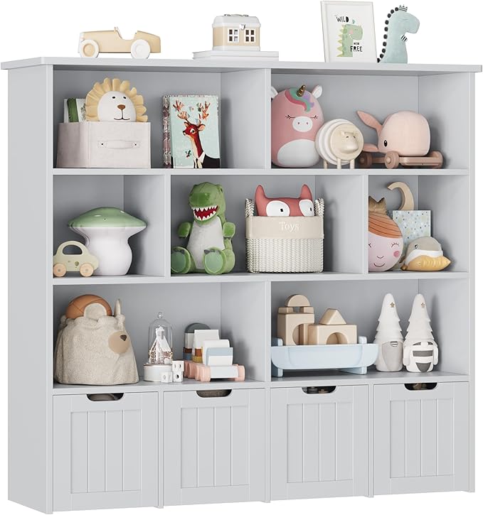 FINETONES Toy Storage Organizer, Kids Bookshelf with 4 Movable Chests and 7 Storage Cubes, Toy Chest Storage Shelf Organizer with Hidden Wheels, Toy Organizers and Toy Storage, Grey