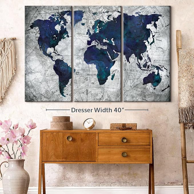 ElephantStock Deep Blue World Map Multi Piece Canvas - 3 Panel Wall Decor - Map of the World Art - Canvas for the Office and Home - 57" X 36"