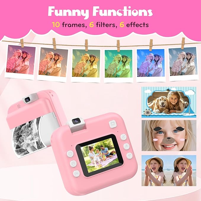 Kids Camera Instant Print with Flip Lens, Christmas Birthday Gift for Girls Boys, Digital Camera HD Video Instant Print Photos for Toddlers, Portable Travel Toys for 4 5 6 7 8 9 10 Year Old Pink