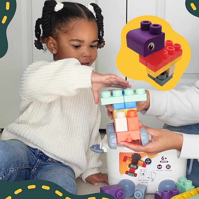 Large Soft Rubber Toddler Blocks, 50 Pieces in Storage Bin on Wheels - Includes Booklet, Toy, Gift, Birthday, 6m, 1-2, 2-4, 2-3, 3-5 Ages