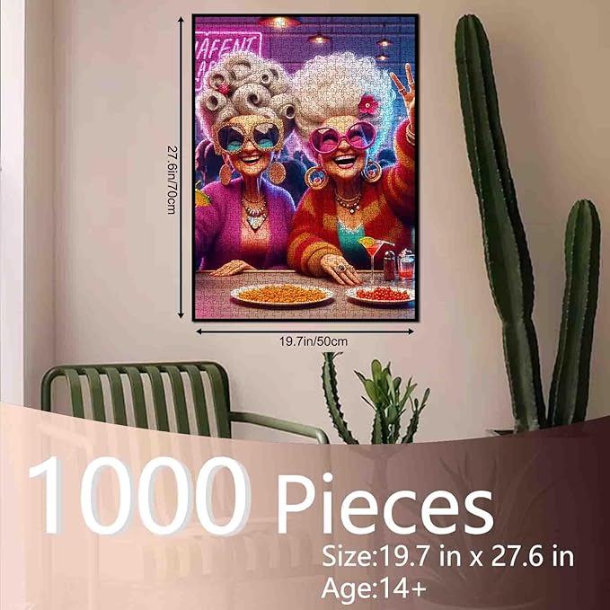 Colorful Party Ladies Jigsaw Puzzle 1000 Pieces for Adults Students Large 20×27 Inches Vintage Fashion Theme Fun Bar Scene Vibrant Characters Drinking Challenging Puzzle for Brain Training Home Decor