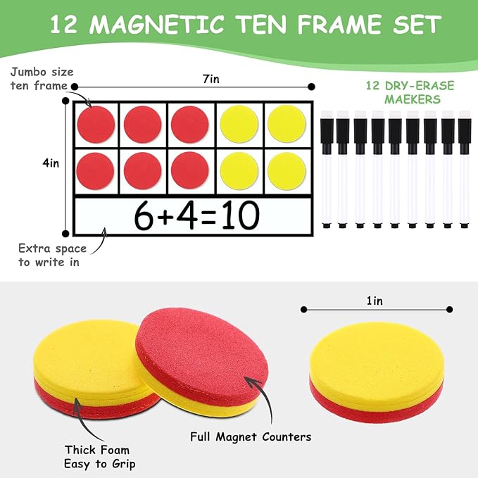 Ireer 12 Sets Magnetic Ten Frame Set, Math Counters Bulk for Classroom Early Math Manipulatives Kit for Home, Kindergarten and Elementary Teachers