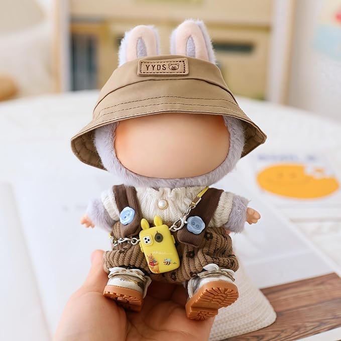 Clothes for Dolls Accessories (No Doll), Cute Outfit Set 5 Pieces Bib Pants for 15 & 17cm Doll Suit, Stylish Dress Up Overalls Doll Clothing Set Replacement with Hat Clothes Shoes Brown