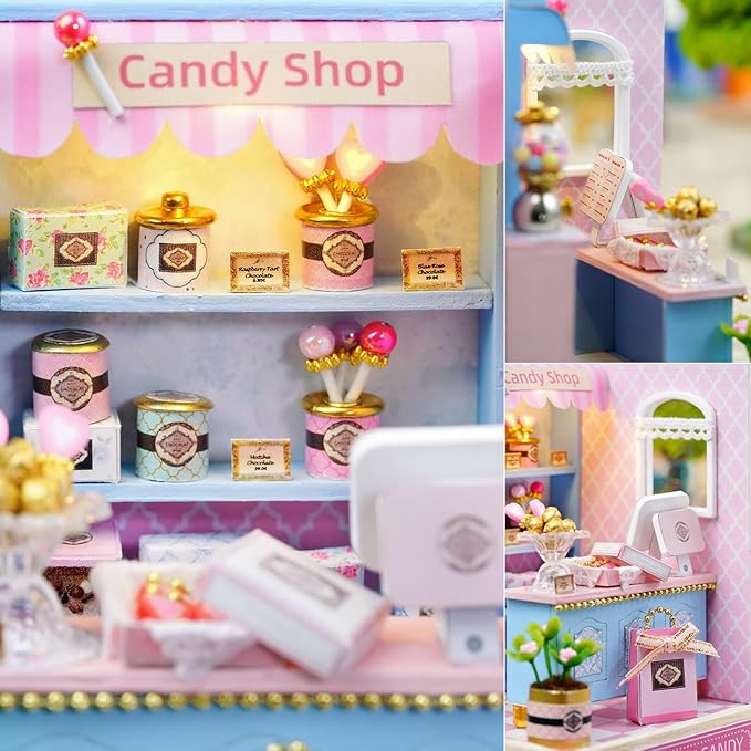 TuKIIE DIY Miniature Dollhouse Kit with Furniture, 1:24 Scale Creative Room Mini Wooden Doll House Plus Dust Proof for Kids Teens Adults(Yummy Candy)