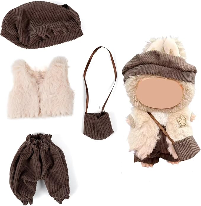 Clothes for Iabubu(NO Doll),Cute Handcrafted Crochet Set for Iabubu Clothes,Fashion Dressy Doll Outfit Accessories,Stylish Doll Accessories for 17cm Doll(Brown Hat+Beige Coat+Brown Trousers+Bag)