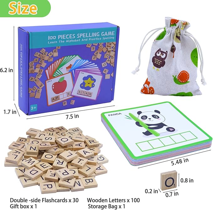 Spelling Games with 30 Double-Sided Flash Cards, 100Pcs Wooden Letters Sight Words Matching Game, Alphabet ABC Learning Educational Toys for Kids Ages 3-8
