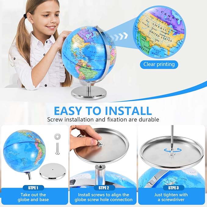 8 Inch World Globe Rotating Earth Spinning Globe with Heavy Metal Stand for Kids Geography Classroom Education or Office Home Decorations