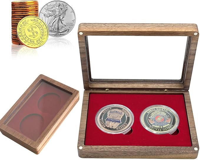 Challenge Coin Display Case Single Coin Display Box Two 1.81" Coin Holder Walnut Wood Coin Box Silver Dollar Coins Storage Box, Coins for Collectors with DIY Adjustable Gasket (Red 1.8")