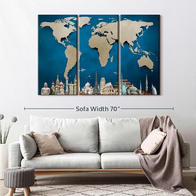 ElephantStock Ocean Blue World Map Multi Piece Canvas - 3 Panel Wall Decor - Map of the World Art - Canvas for the Office and Home - 57" X 36"