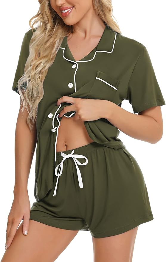 SWOMOG Womens Button Down Pajamas Set Short Sleeve Sleepwear Bride Soft Pj Lounge Sets XS-3XL