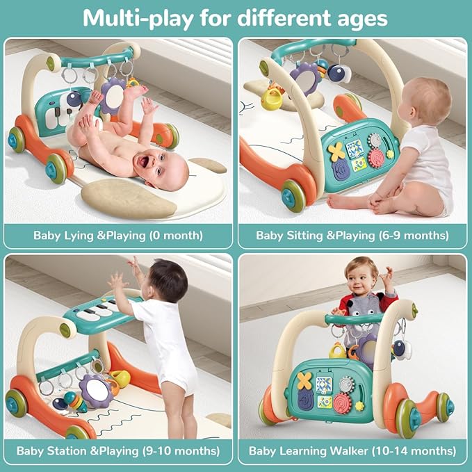 3 in 1 Baby Play Mat Gym, Kick and Play Piano Gym with Music Light, Activity Tummy Time Play mat with 5 Learning Sensory Toys, Infant Gifts for Newborn Baby Toddler 0-14 Months